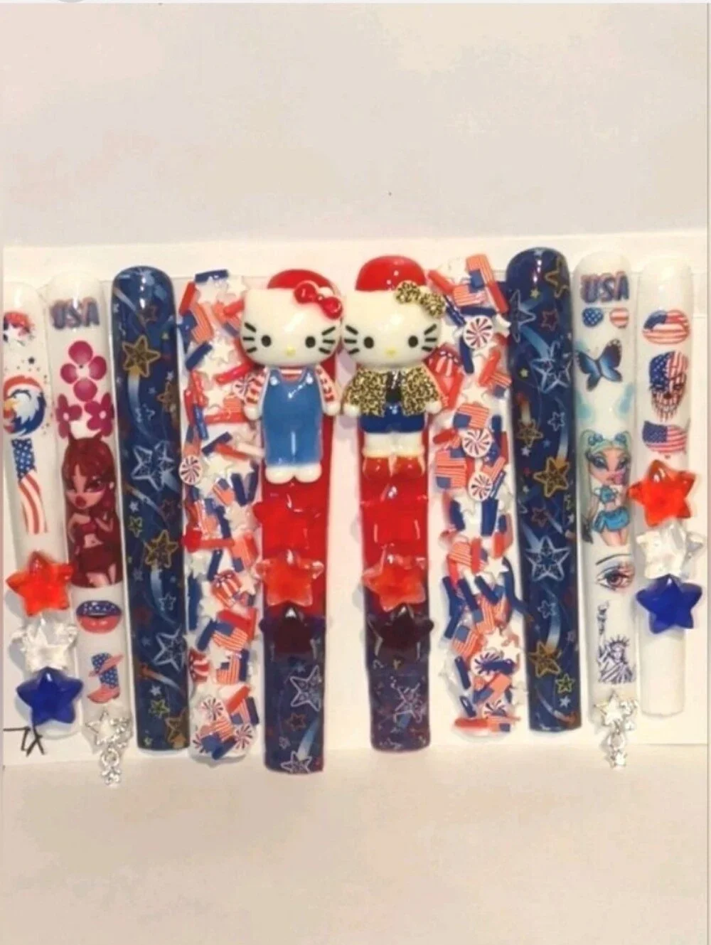 Hand CRAFTED 6XL Patriotic Red, White & Blue Press-On Nails - Star & Flag